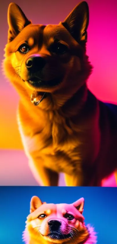 Vibrant neon dog portrait with pink and orange gradients.