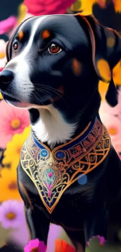 Black and tan dog in ornate collar with vibrant floral background.