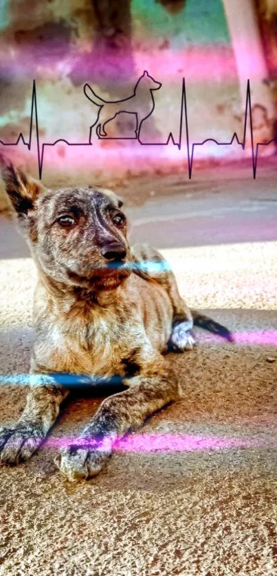 Dog lying down with colorful heartbeat pulse.