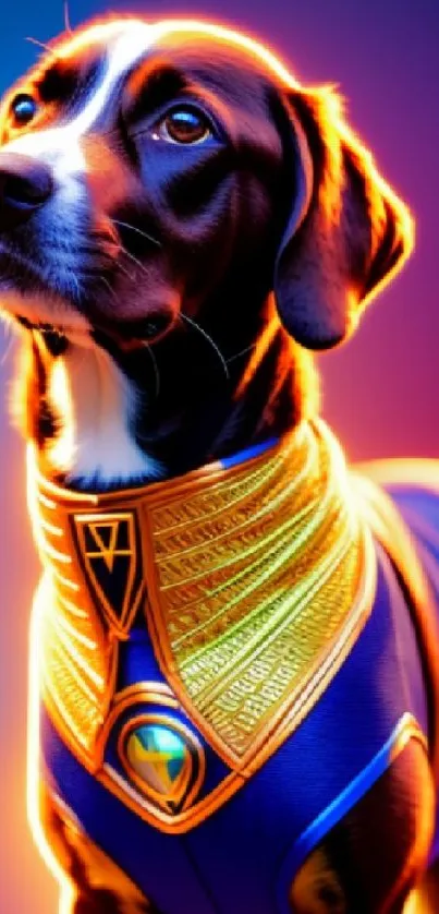 Colorful superhero dog wallpaper with vibrant blue and orange hues.