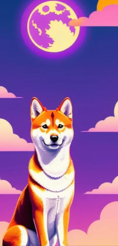 Vibrant shiba inu under a colorful moonlit sky with clouds.