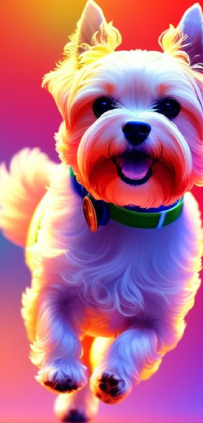 Colorful and vibrant dog in a lively pose on a bright background.