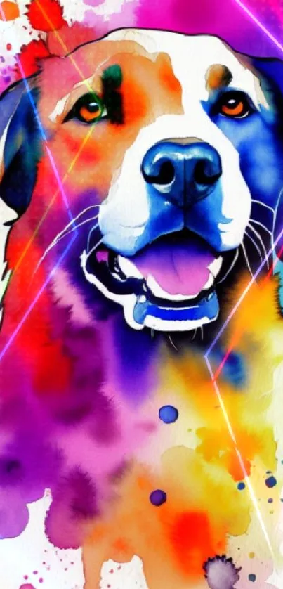 Vibrant watercolor dog artwork in a splash of colors on mobile wallpaper.