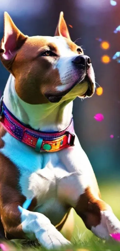 Vibrant dog with a colorful collar and falling petals.