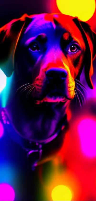 Vibrant dog with neon bokeh lights background.