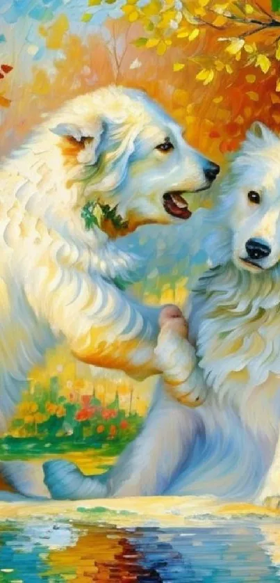 Two playful white dogs in colorful, vibrant art with autumn leaves.