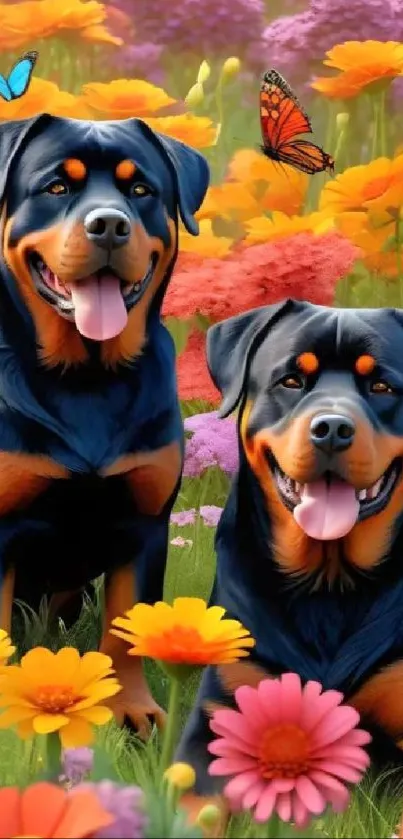 Two happy dogs amidst colorful flowers and butterflies in a spring garden.