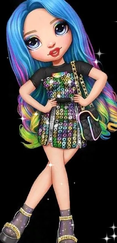 Doll with vibrant hair in a sequined outfit on a black background.