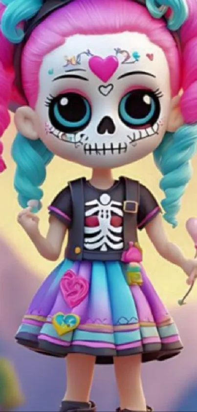 Vibrant cartoon doll with candy skulls and colorful attire.