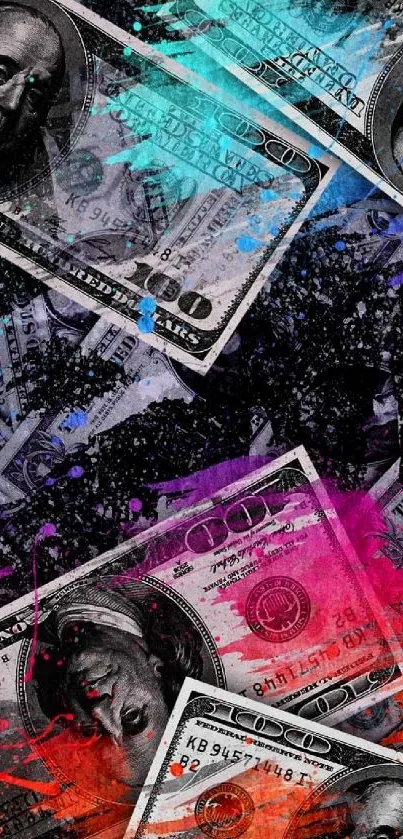 Colorful artistic dollar bills wallpaper with vibrant splashes.