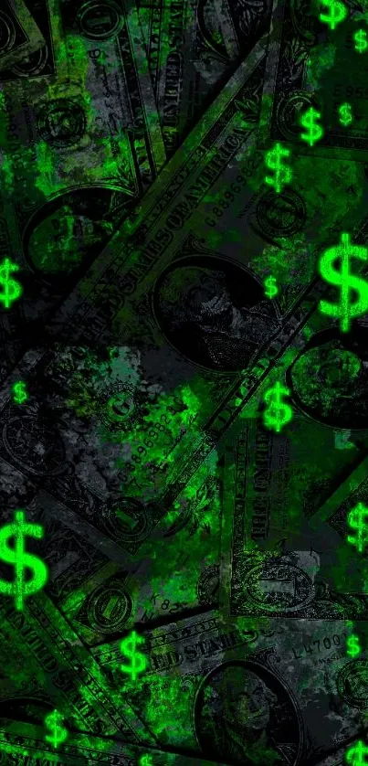 Dark money wallpaper with glowing green dollar signs.