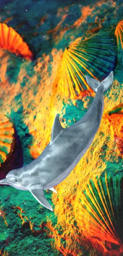 Colorful dolphin and seashells in vibrant underwater scene.