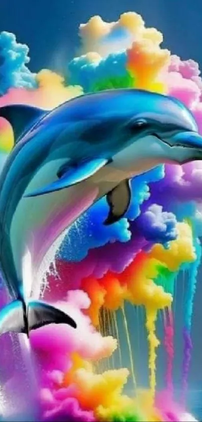 Colorful dolphin leaping through rainbow clouds.