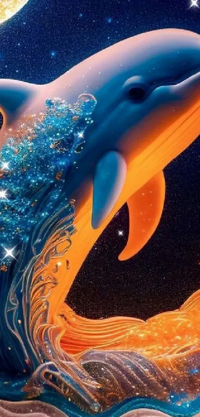 Artistic fantasy wallpaper with a vibrant dolphin under a starry sky.