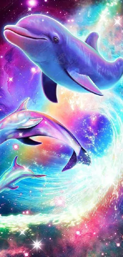 Colorful galaxy with dolphins swimming in a cosmic ocean scene.