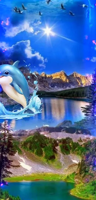 Vibrant digital art with dolphin and mountain landscape.