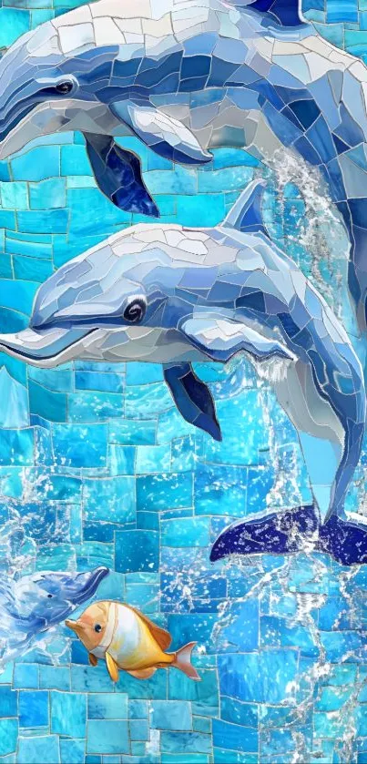 Mosaic dolphins and fish in vibrant ocean art.