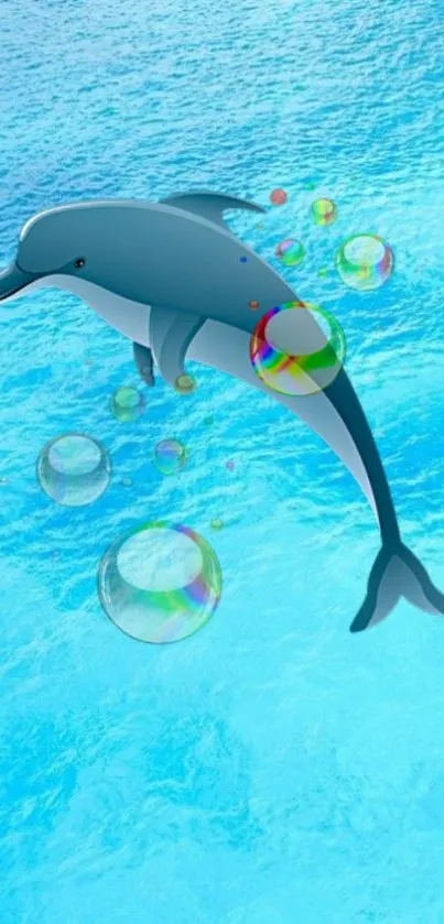 Playful dolphin with bubbles in aqua blue ocean wallpaper.