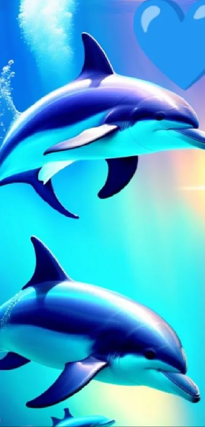 Vibrant dolphins swimming in blue ocean wallpaper with heart.