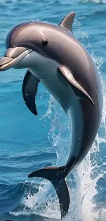 Dolphin jumping in the ocean with blue waves.