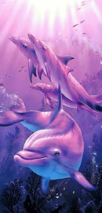 Dolphins swimming in vibrant purple ocean scene.