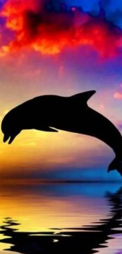 Dolphin silhouette against vibrant sunset sky reflecting on ocean.