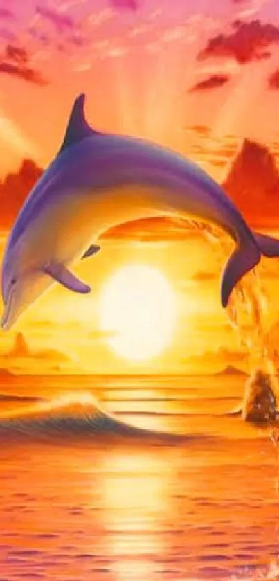 Vibrant sunset dolphin jumping over the ocean with warm orange hues.