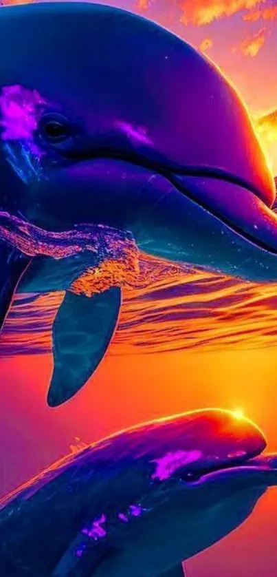 Vibrant dolphins swimming under a stunning sunset.