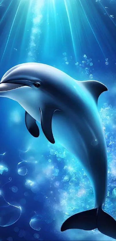 Graceful dolphin swimming underwater in vibrant blue ocean hues.