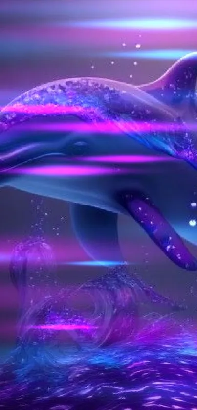 A vibrant digital art wallpaper of a dolphin with blue and purple hues.