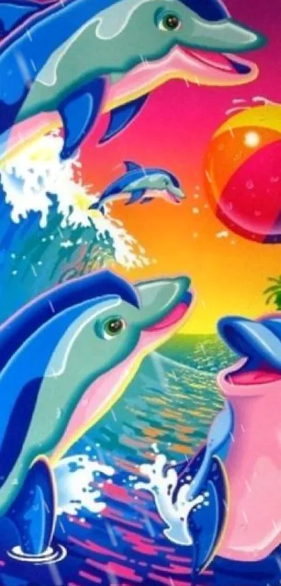 Playful dolphins jumping with a colorful sunset and beach in the background.