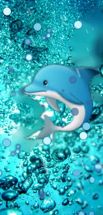 Animated dolphin swimming in turquoise water with bubbles.