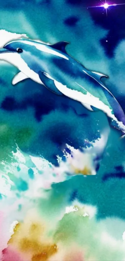 Vibrant watercolor dolphin swimming in a colorful oceanic scene.