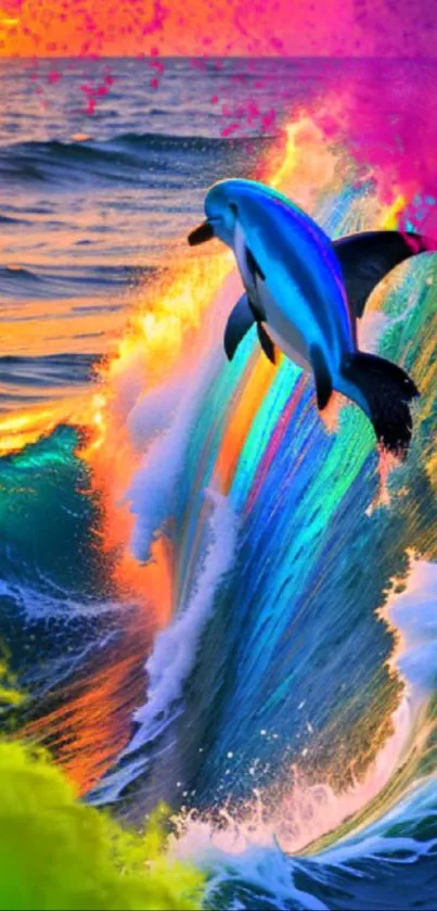 Vibrant dolphin jumps through colorful ocean waves at sunset.