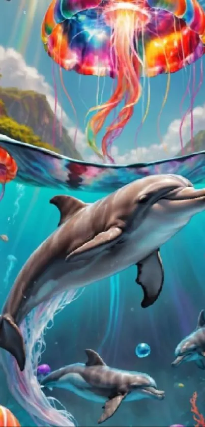 Colorful dolphins with jellyfish in a vibrant ocean art scene.