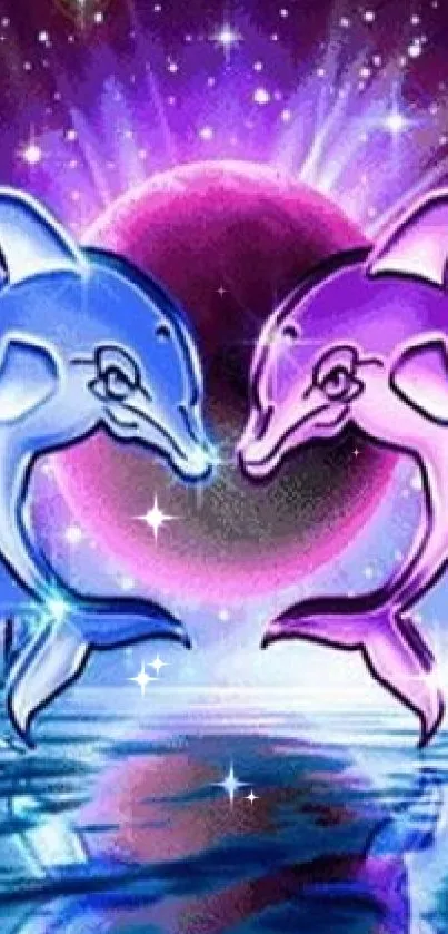 Colorful dolphins in a cosmic fantasy setting wallpaper.