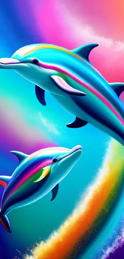 Vibrant ocean scene with colorful dolphins swimming in digital art style.