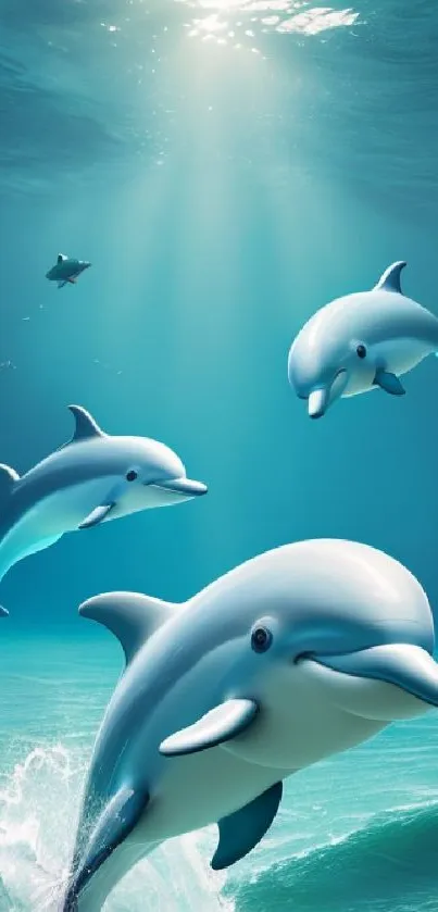 Playful dolphins swim in clear blue ocean.