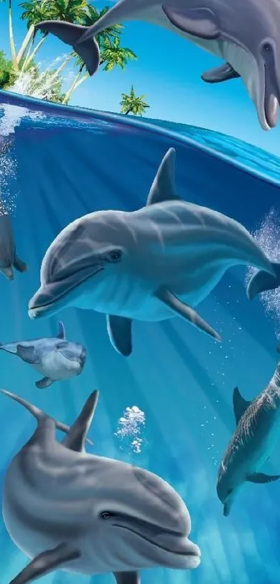 Vibrant wallpaper with dolphins in a tropical ocean scene.