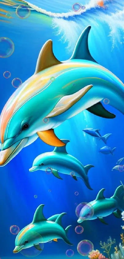 Artistic mobile wallpaper with dolphins swimming underwater.