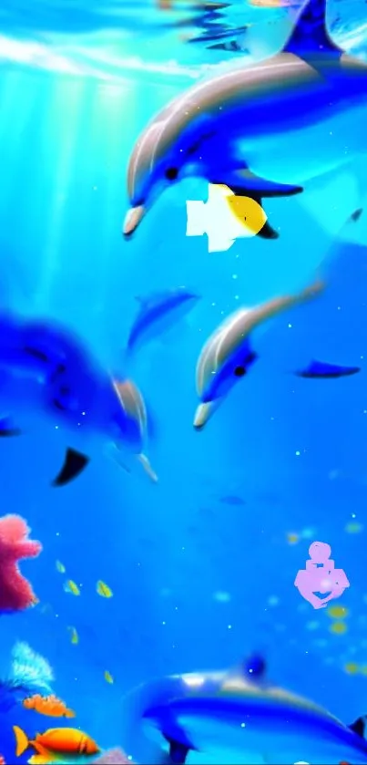 Vibrant underwater scene with dolphins and colorful corals.