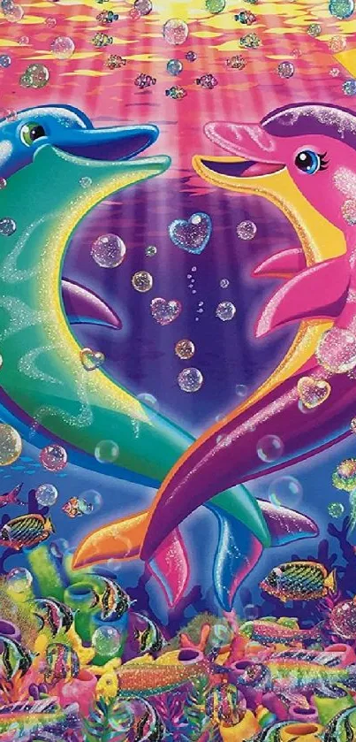 Vibrant dolphins swimming underwater with coral and marine life.