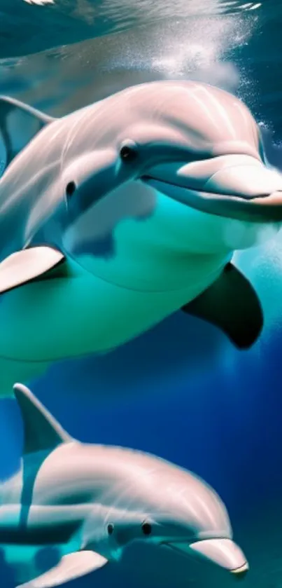 Two dolphins gracefully swimming underwater.