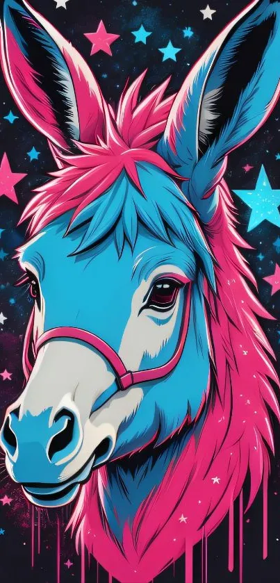 Vibrant donkey art wallpaper with stars in pink and blue.