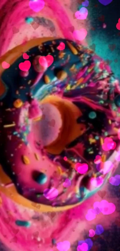 Bright donut with colorful sprinkles and pink, blue aura on a dark background.