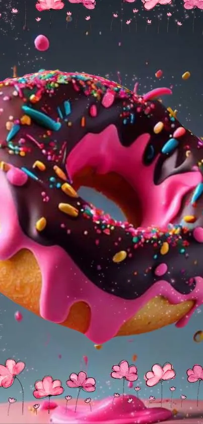 Colorful donut with pink and chocolate icing, and sprinkles on a vibrant background.