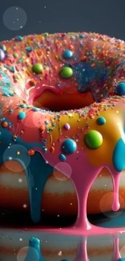 Vibrant donut artwork with rainbow icing and sprinkles.