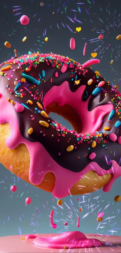 Colorful donut with pink glaze and sprinkles as phone wallpaper.