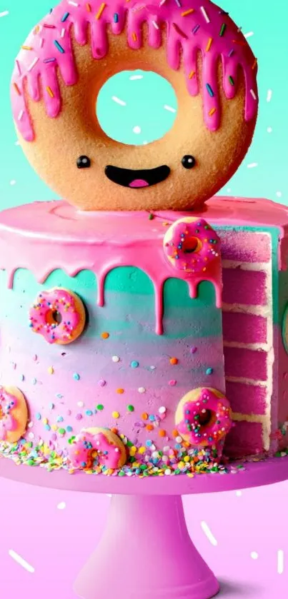 Colorful donut cake with sprinkles on a vibrant pink background.