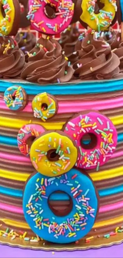 A colorful cake with vibrant donuts and sprinkles.
